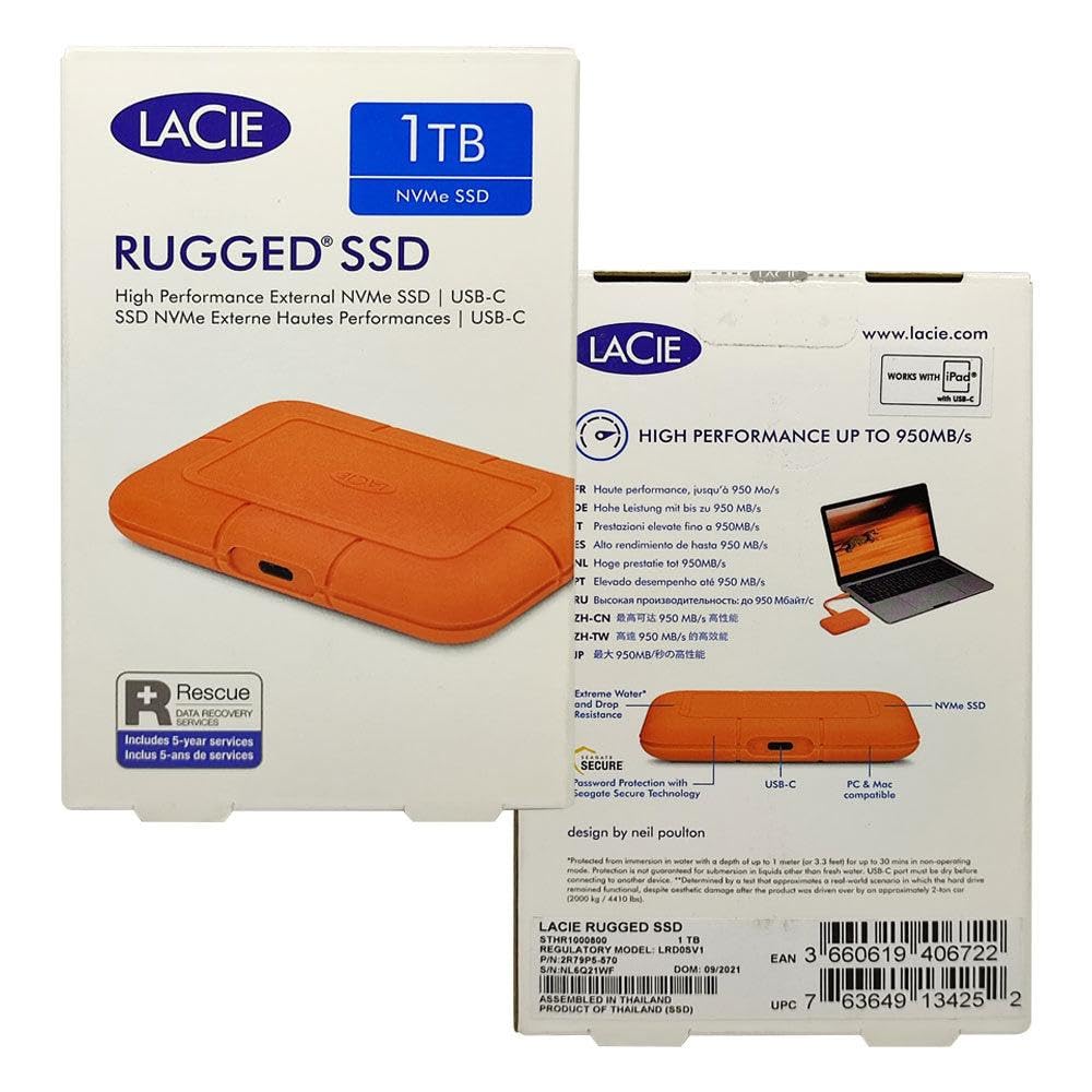 Lacie Rugged Ssd 4Tb Solid State Drive - Usb-C Usb 3.2 Nvme Speeds Up To 1050Mb/S, Ip67 Water Resistant, 3M Drop Resistant, Encr