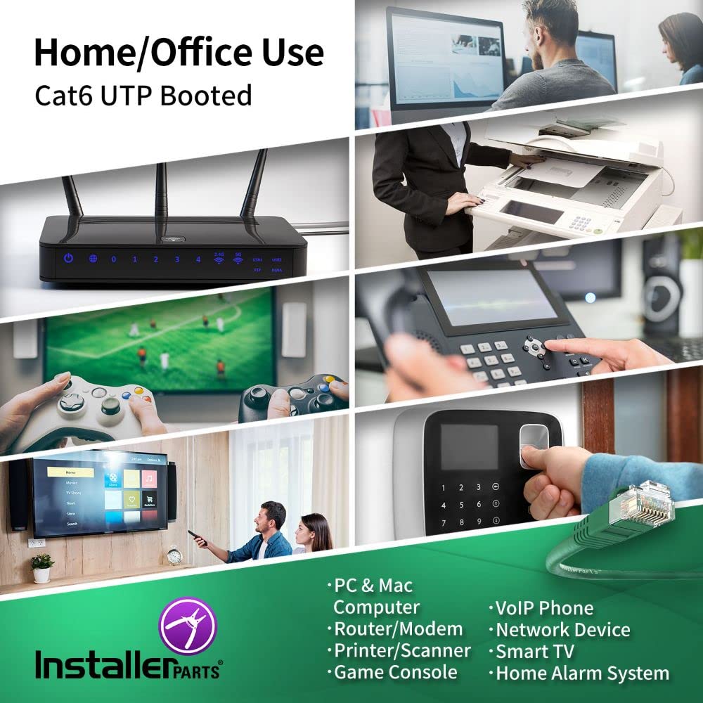 Installerparts Cat6 Cable Utp Booted [Green]   [3 Ft]   [5 Pack]   Professional Series   10Gbps, Cat6 Patch Cable, Cat 6 Patch C