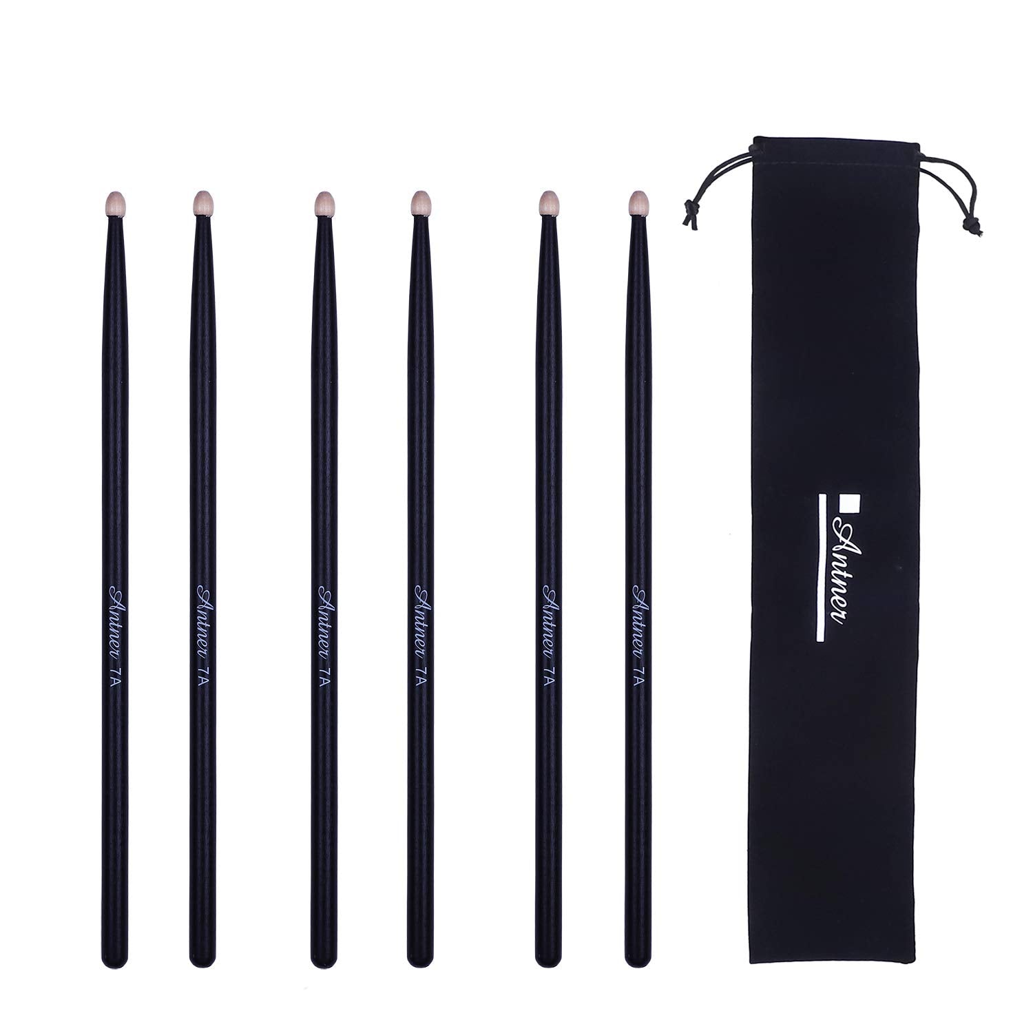 Antner 3 Pairs Drum Sticks 7A For Kids And Beginners Classic Maple Wood Drumsticks, Black