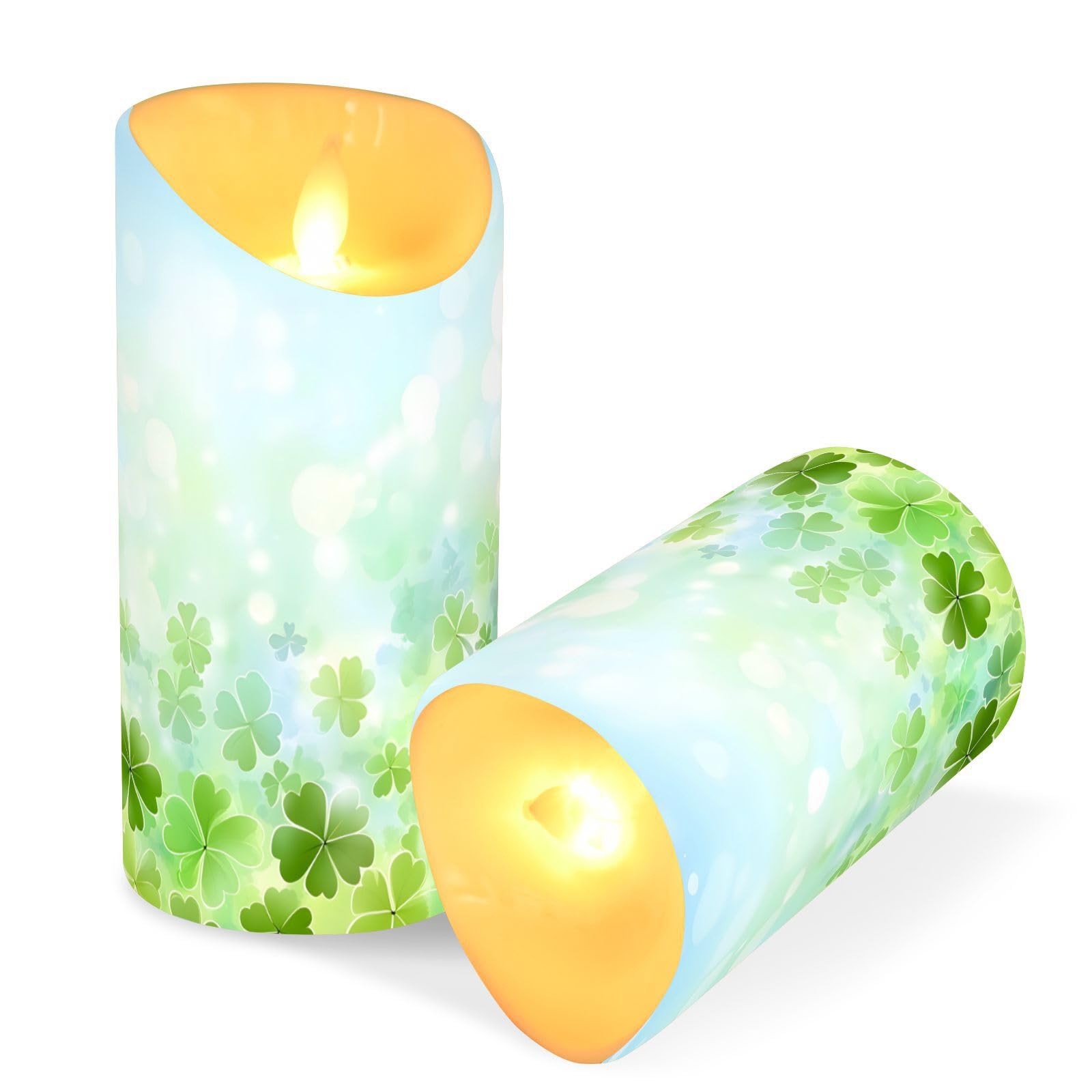 St. Patricks Day Flameless Candles Set of 2 Shamrocks Sunshine Realistic LED Candles with Remote Battery Operated Holiday Decor