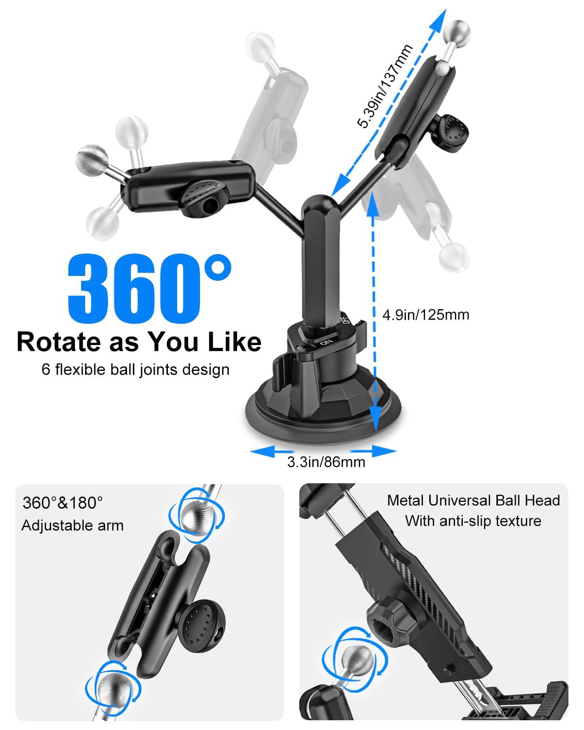 Kolasels Heavy Duty Dual Tablet Holder For Car/Truck [Metal Arm] Dashboard Windshield Double Mount For Vehicle Dash Suction Stan