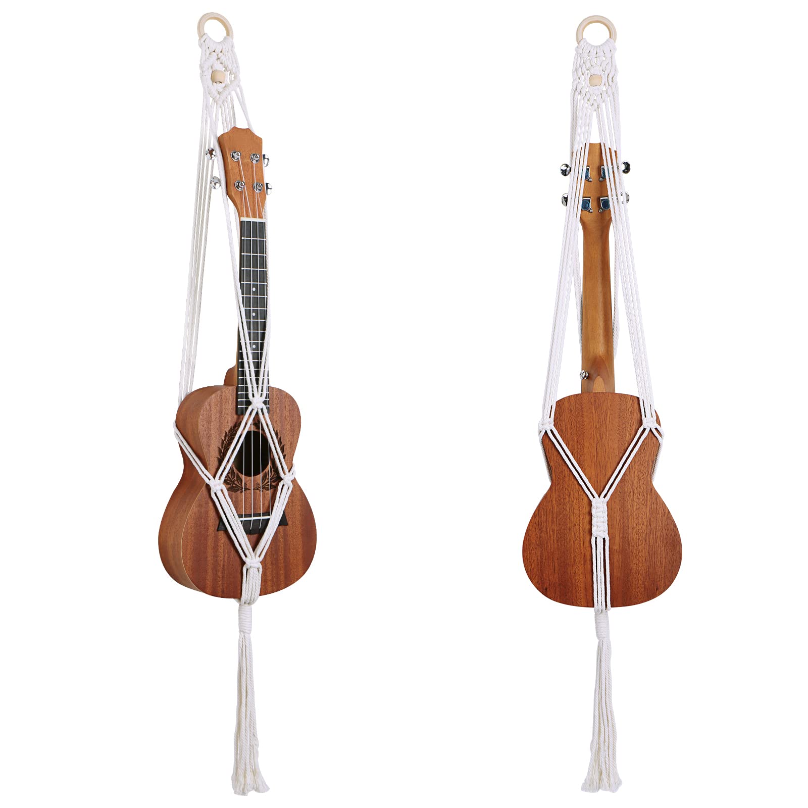Majowir Macrame Ukulele Hanger Wall Mount   Handwoven Ukulele Wall Mount Holder For Soprano Ukulele, Boho Wall Decor, Natural Co