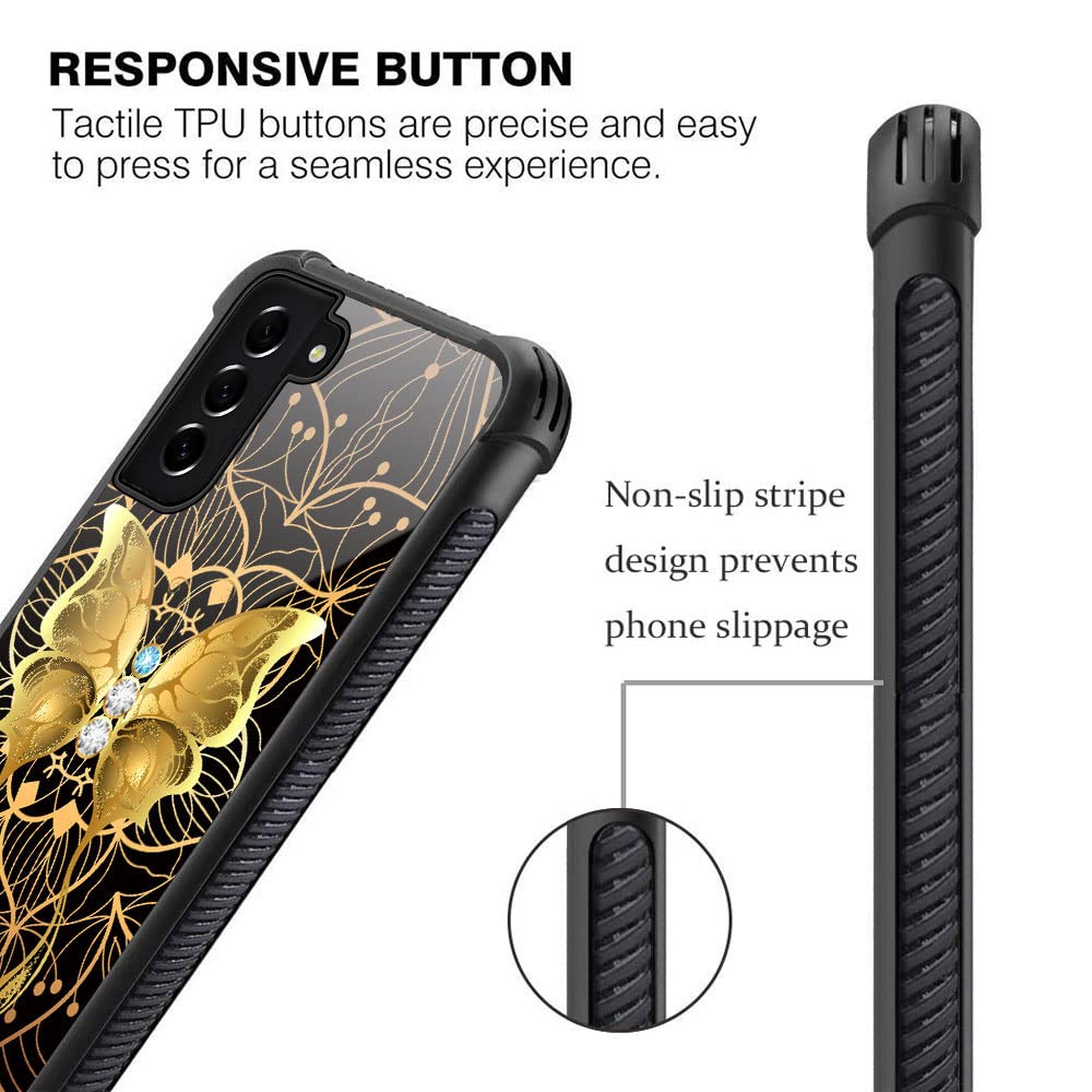 ZHEGAILIAN Samsung Galaxy S21 FE 5G Phone Case Anti-Scratch Shockproof TPU Organic Glass Golden Diamond Butterfly