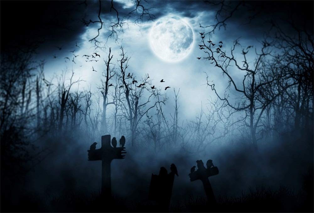 Aofoto 7X5Ft Moon Night Halloween Cemetery Photography Backdrop Flying Bats Birds Stand On Gravestone Cross Graveyard In Dark Fo