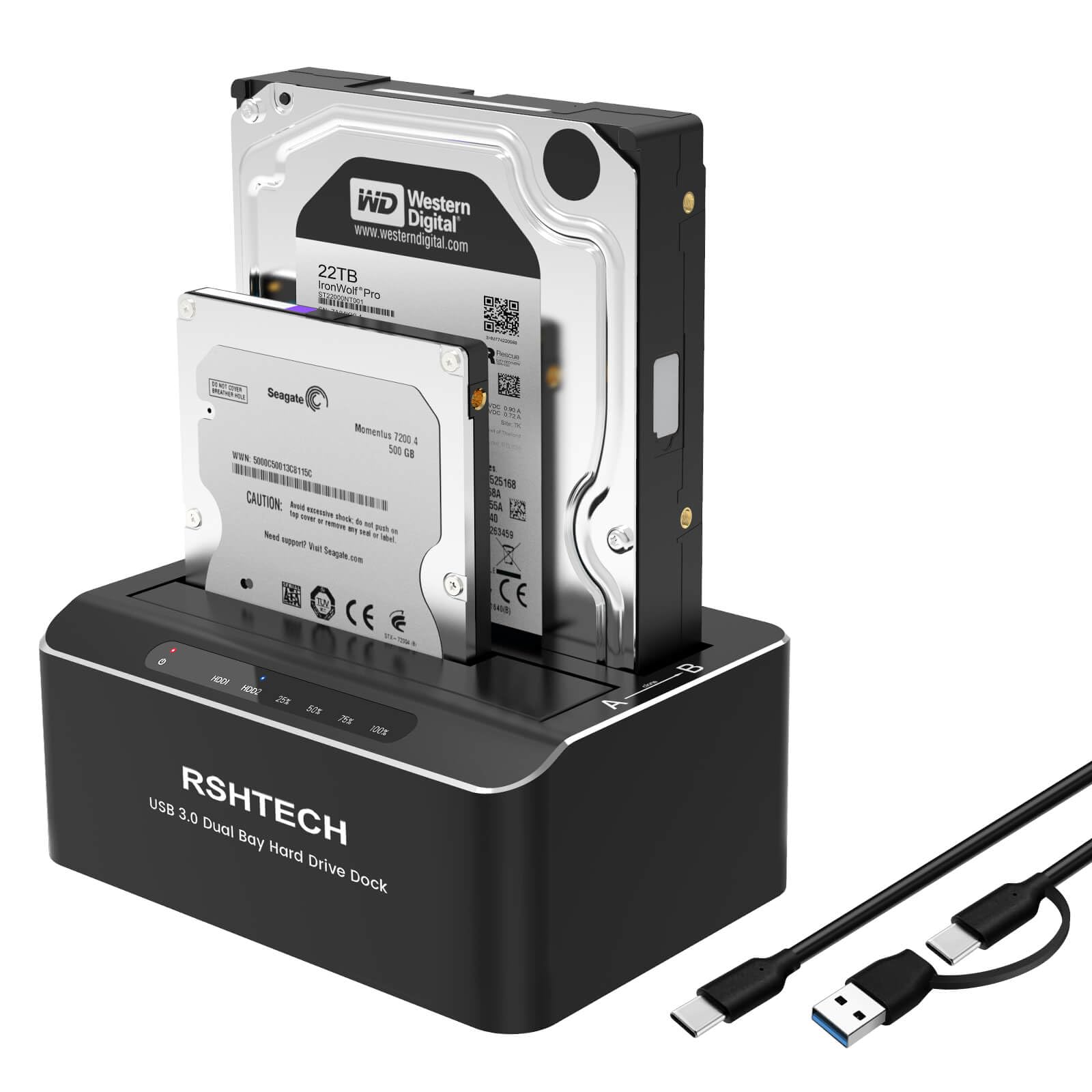 Rshtech Hard Drive Docking Station Aluminum Usb C/Usb 3.0 To Sata Dual Bay Hard Drive Dock For 2.5 Or 3.5 Inch Hdd Ssd, With 2 I
