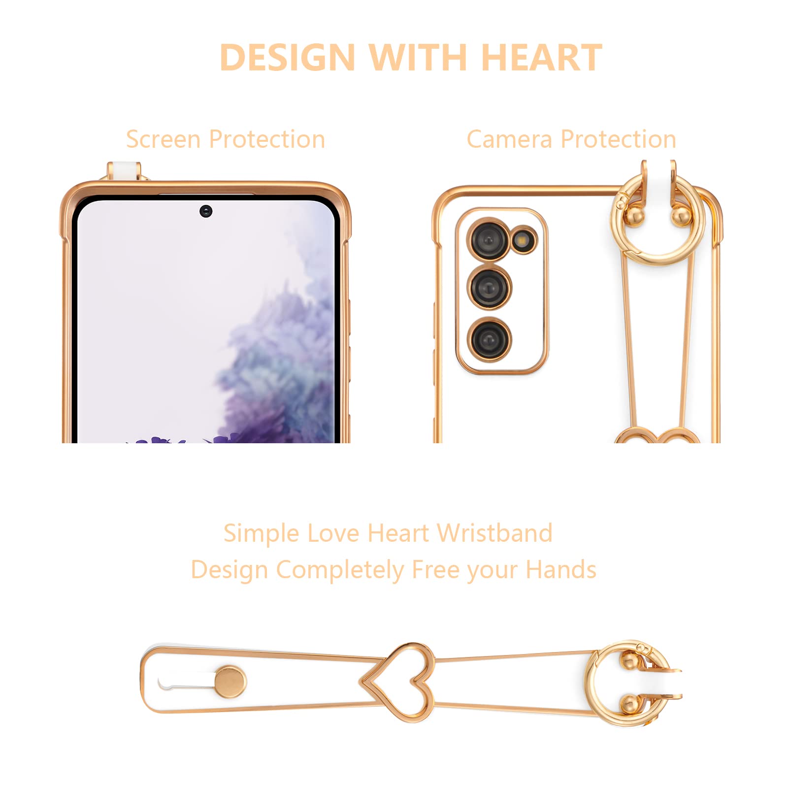 Ztofera Designed For Samsung Galaxy S20 Fe 5G Case,Luxury Plating Edge Love Hearts Pattern With Wristband Kickstand Camera Lens