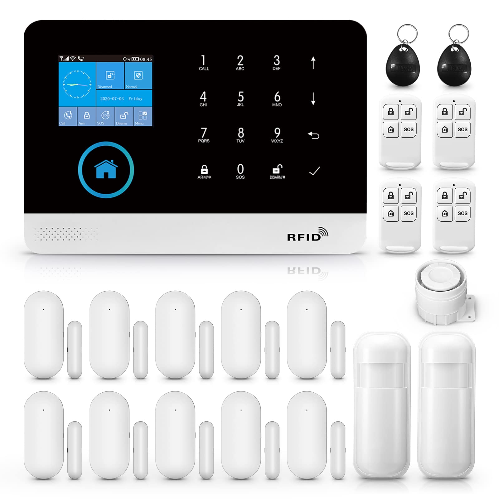 Clouree Wifi 4G Alarm System For Home Security, Wireless Home Alarm 20 Piece Kit With Siren, Pir Motion Sensors, Remote Controls