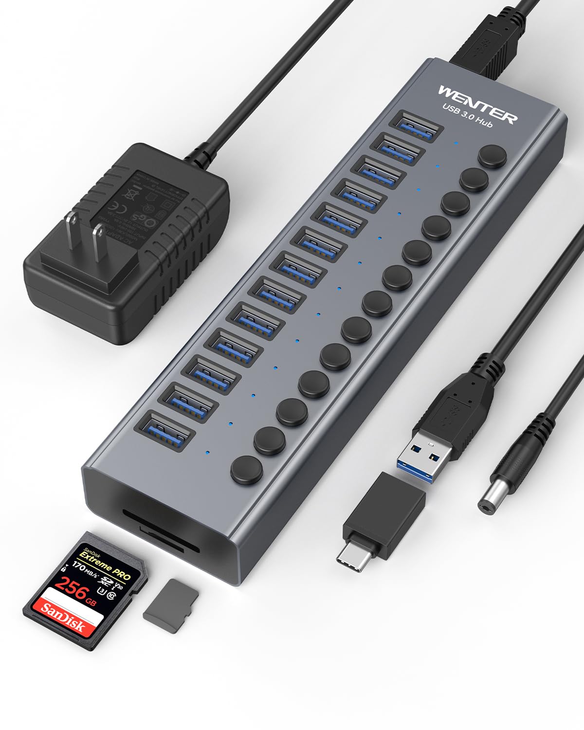 Powered Usb 3.0 Hub, Wenter 13 Ports Powered Usb Hub With Sd/Tf Card Reader, Aluminum Usb Splitter With Individual On/Off Switches, 12V/3A 36W Power Adapter For Pc/Laptops