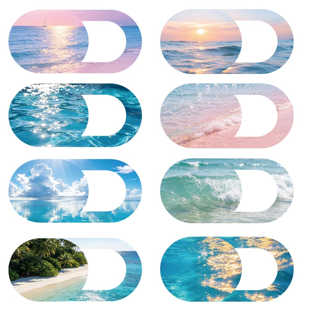 PRESSINART 8Pcs 8 Styles Phone Front Camera Cover Slide Seascape 0.03 Inch Ultra Thin Webcam Cover for Mini PC Desktop Computer 