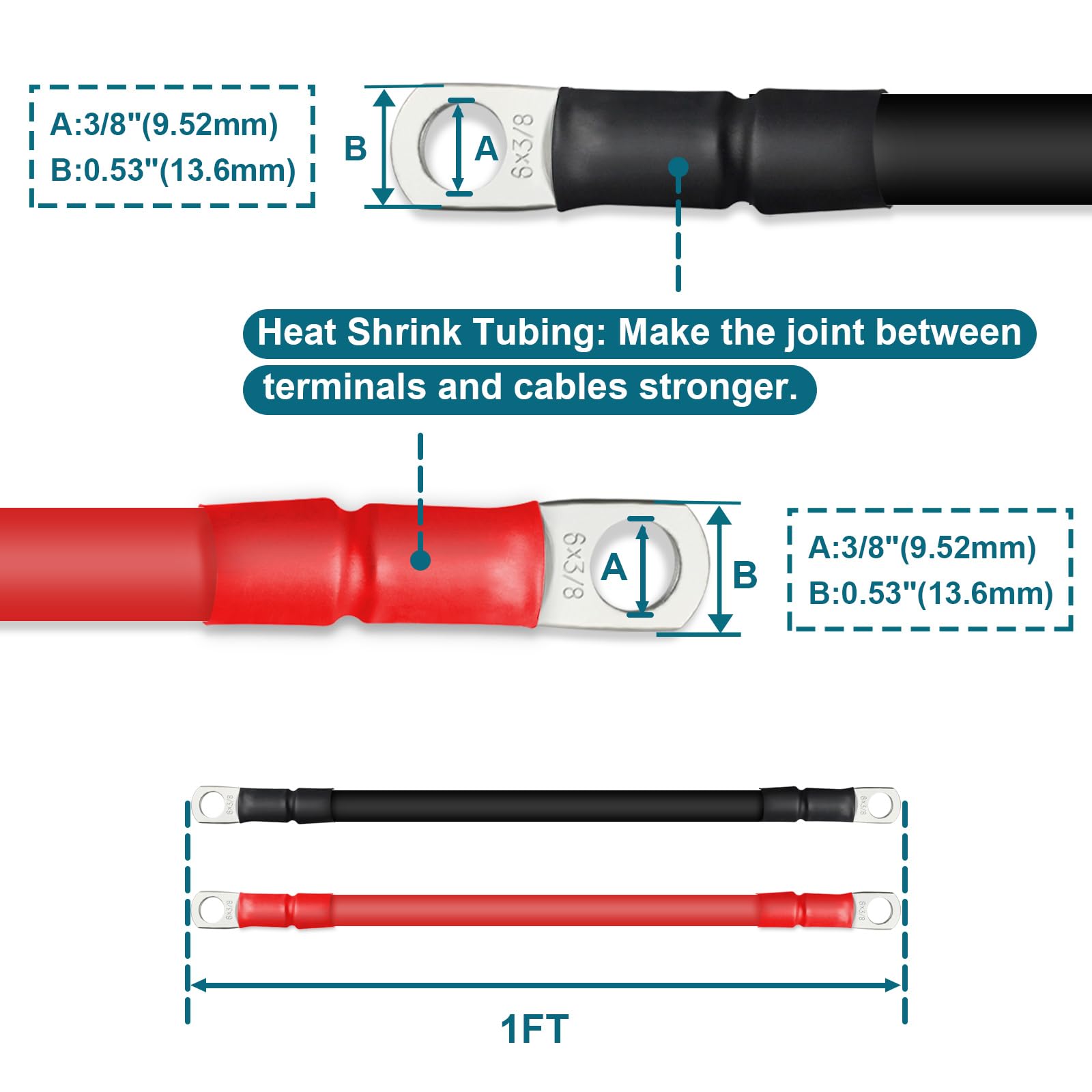Zonbang 6 Awg Battery Cable With 3/8 Inch Terminals, Copper Battery Inverter Cables For Car Rv Automotive Solar, 1Ft(2 Pack)