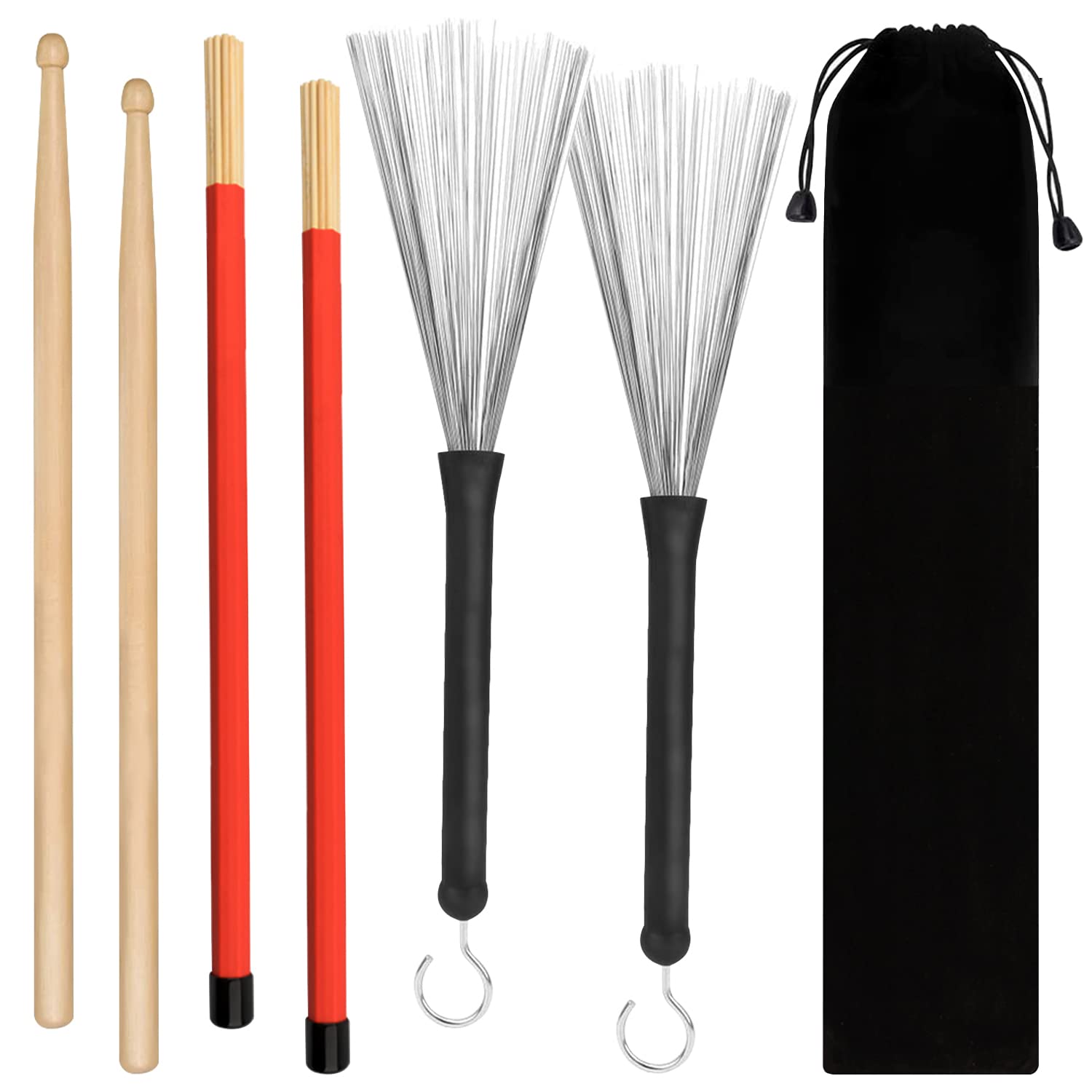 Tbrand Drum Sticks 1 Pair 5A Maple Wood Drum Sticks,1 Pair Retractable Drum Wire Brushes And 1 Pair Rods Drum Brushes Set For Ki