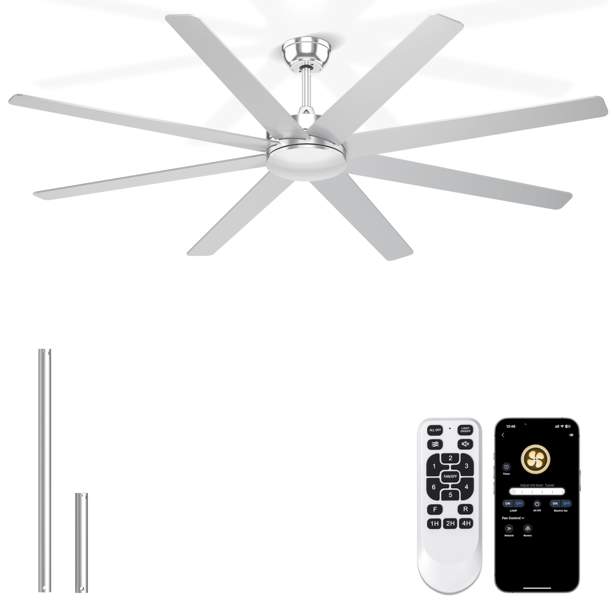 Phylluz 72 Silver Ceiling Fans With No Lights, 8 Blades Large Ceiling Fan Remote/APP Control, Silent Shop Ceiling Fan for Gara