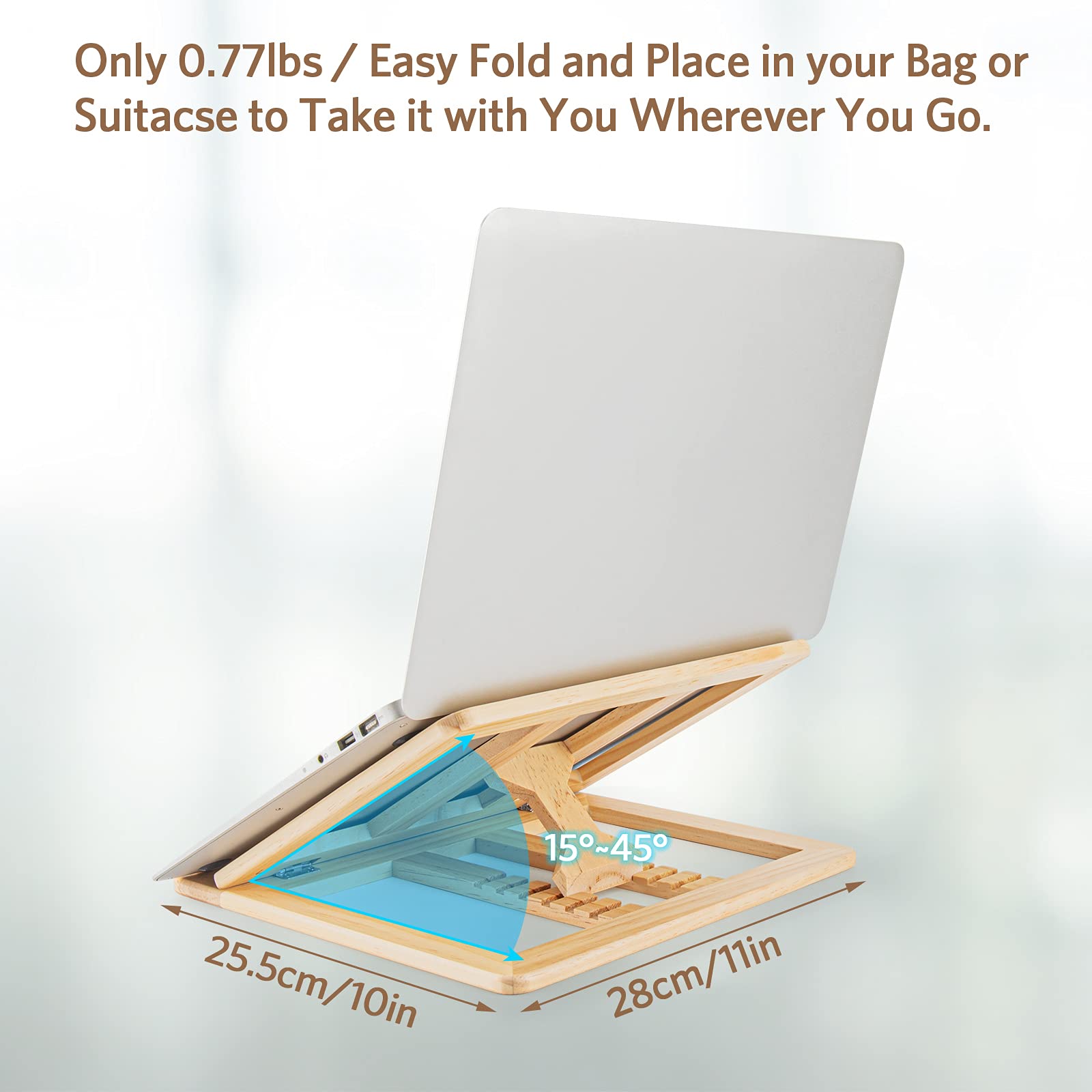 Skoioje Wooden Laptop Stand, Foldable Wood Laptop Riser Adjustable Computer Wooden Macbook Stand For Desk Portable Universal Not