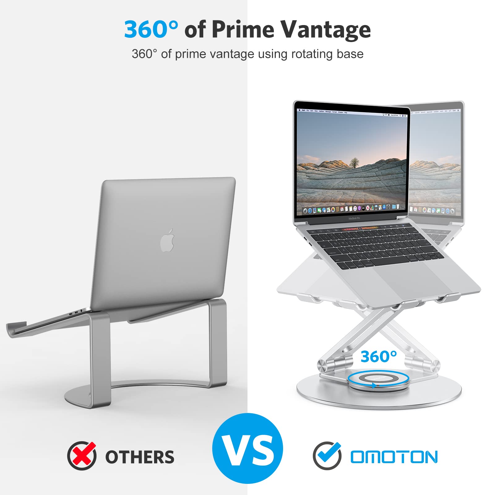 Adjustable Laptop Stand With 360 Rotating Base, Omoton Ergonomic Laptop Riser For Collaborative Work, Dual Rotary Shaft Fully Foldable For Easy Storage, Fits Macbook / All Laptops Up To 16 Inches