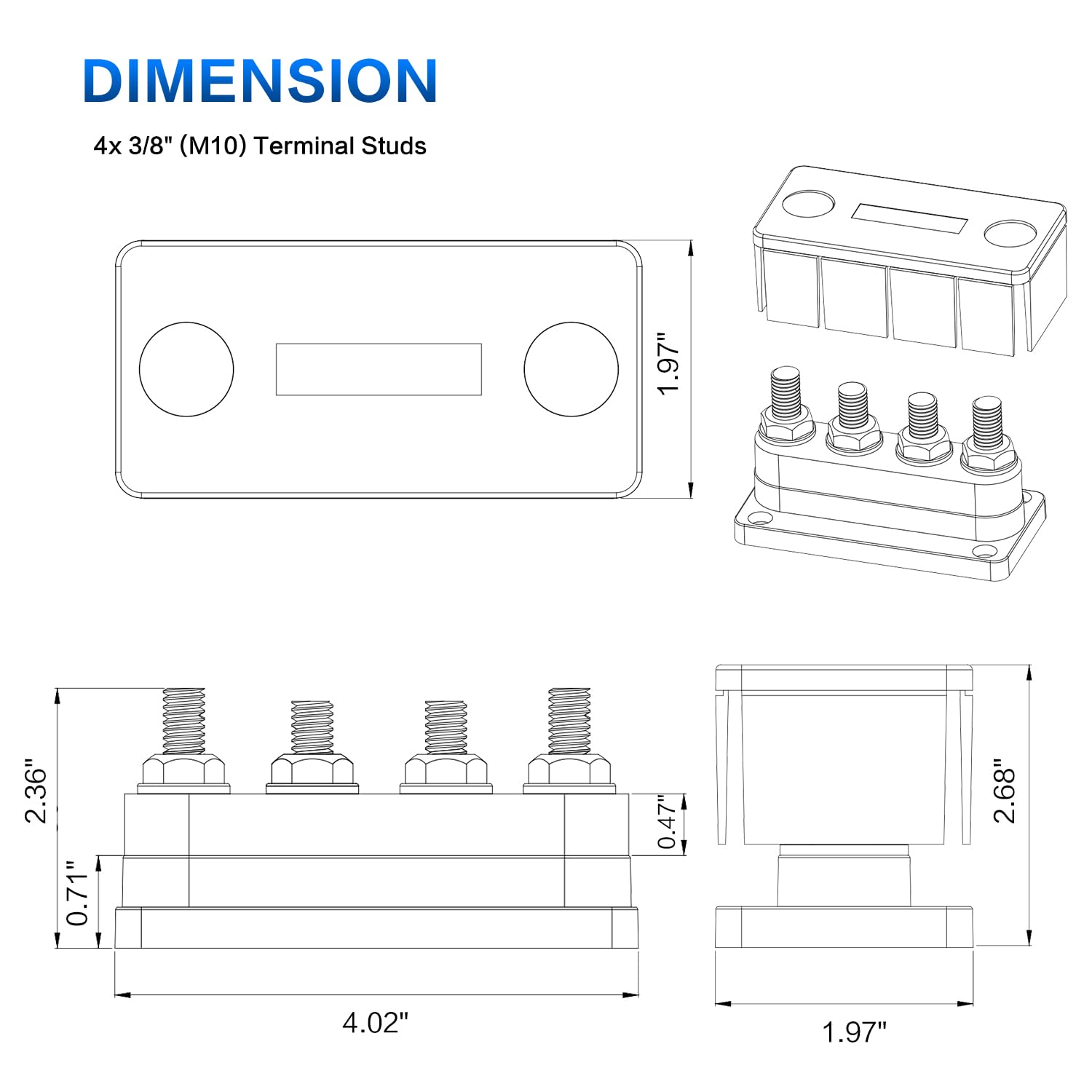 Jamgoer 600A Bus Bar Power Distribution Block 4 X 3/8'' (M10) Terminal Studs 48V Dc Positive & Ground Busbar Terminal Block Wtih