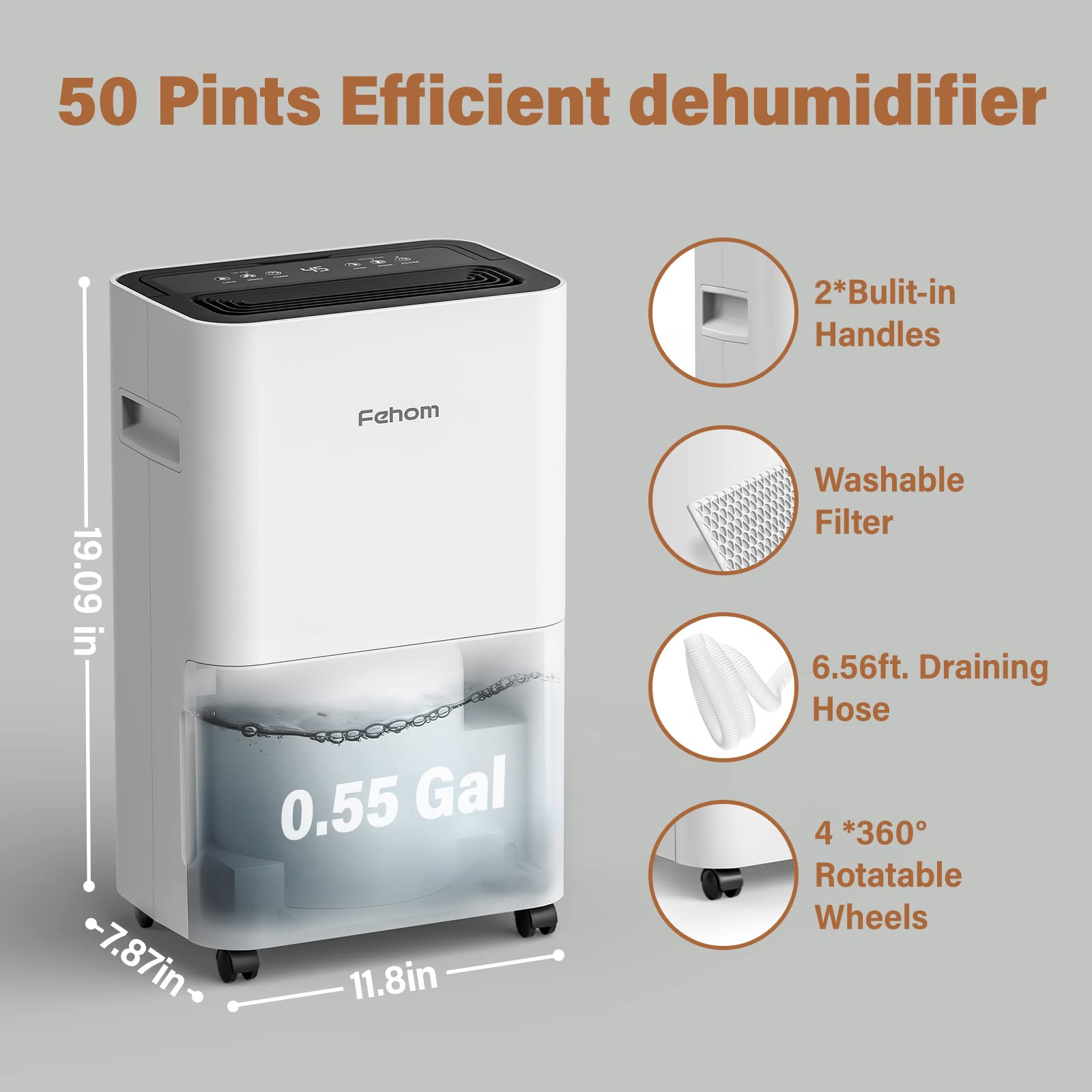 Fehom 4500 Sq. Ft Dehumidifier For Home Basements Bathroom Bedroom Continuous Drainage, With Auto Shut Off Humidity Control And