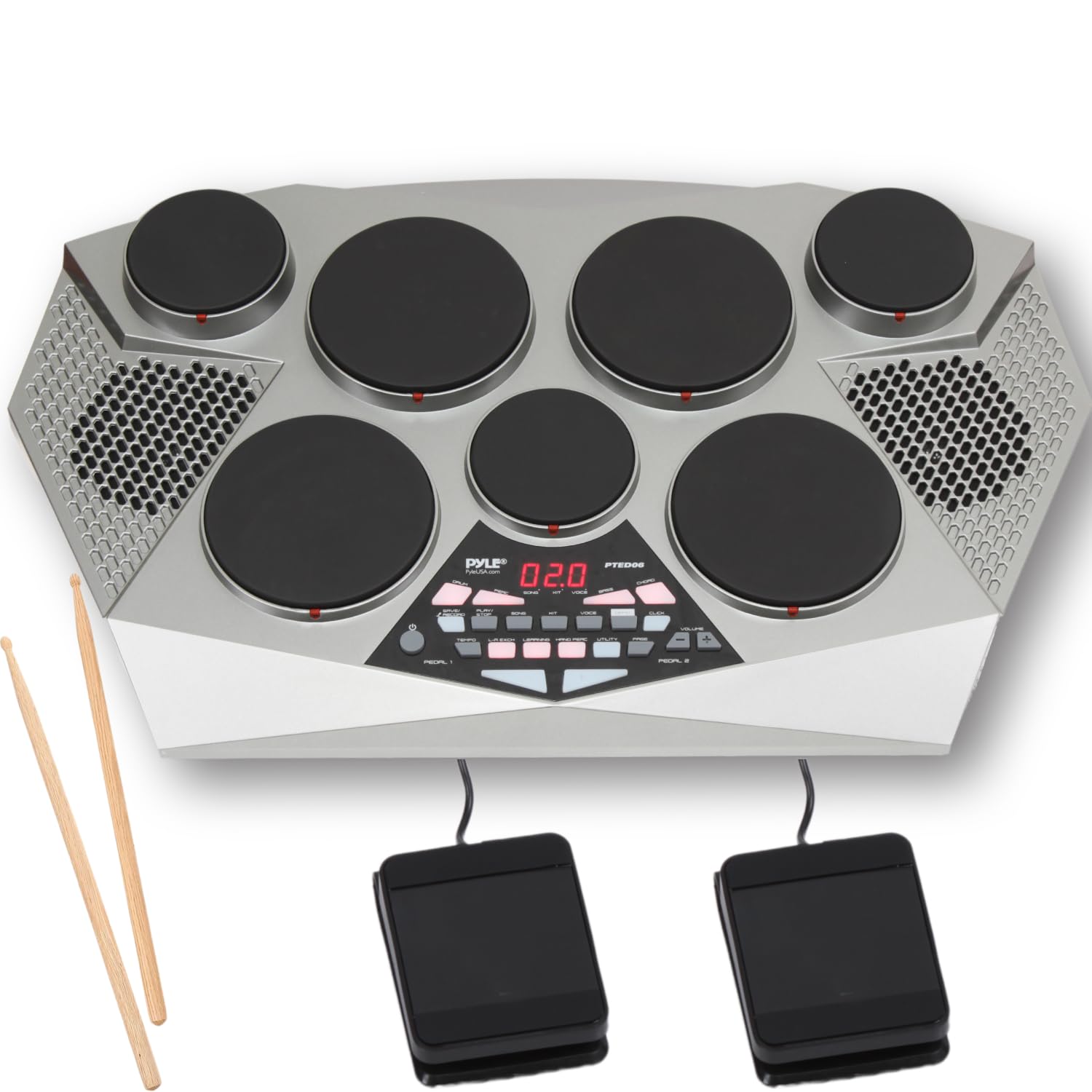 Pyle Pro Electronic Drum kit - Portable Electric Tabletop Drum Set Machine with Digital Panel, 7 Drum Pad, Hi-Hat / Kick Bass Pe