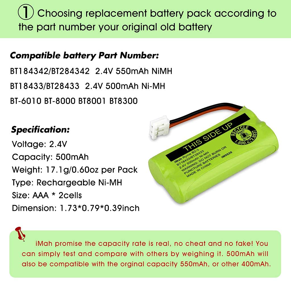 Imah Bt18433/Bt28433 2.4V 500Mah Ni Mh Cordless Phone Battery, Also Compatible With At&T Bt184342/Bt284342 Bt8300 Bt1011 Bt1018