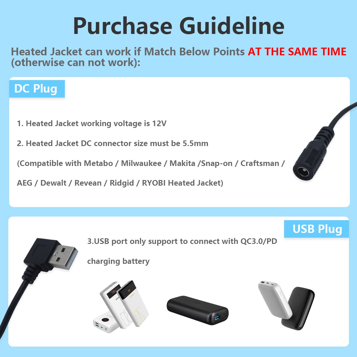 Wamlet Heated Jacket Adapter Charger Usb Voltage Step Up Cable For Milwaukee, Dewalt, Snap On, Metabo, Revean, Craftsman, Aeg, M