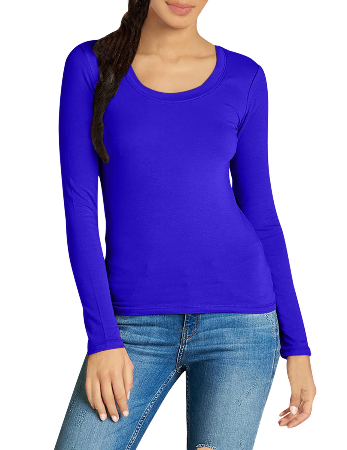 Emmalise Womens Junior And Plus Size Basic Scoop Neck Tshirt Long Sleeve Tee, Large, Royal