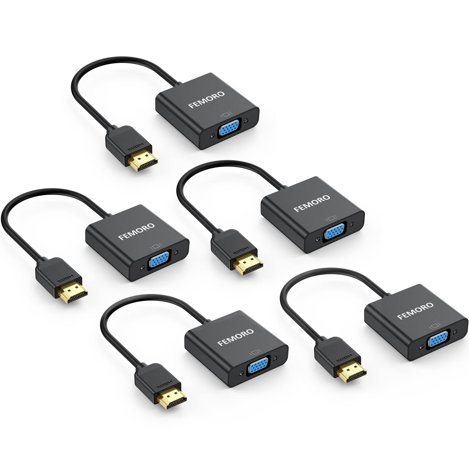 FEMORO HDMI to VGA Adapter Converter 5-Pack (Male to Female) for Computer, Desktop, Laptop, PC, Monitor, Projector, HDTV, Chrome