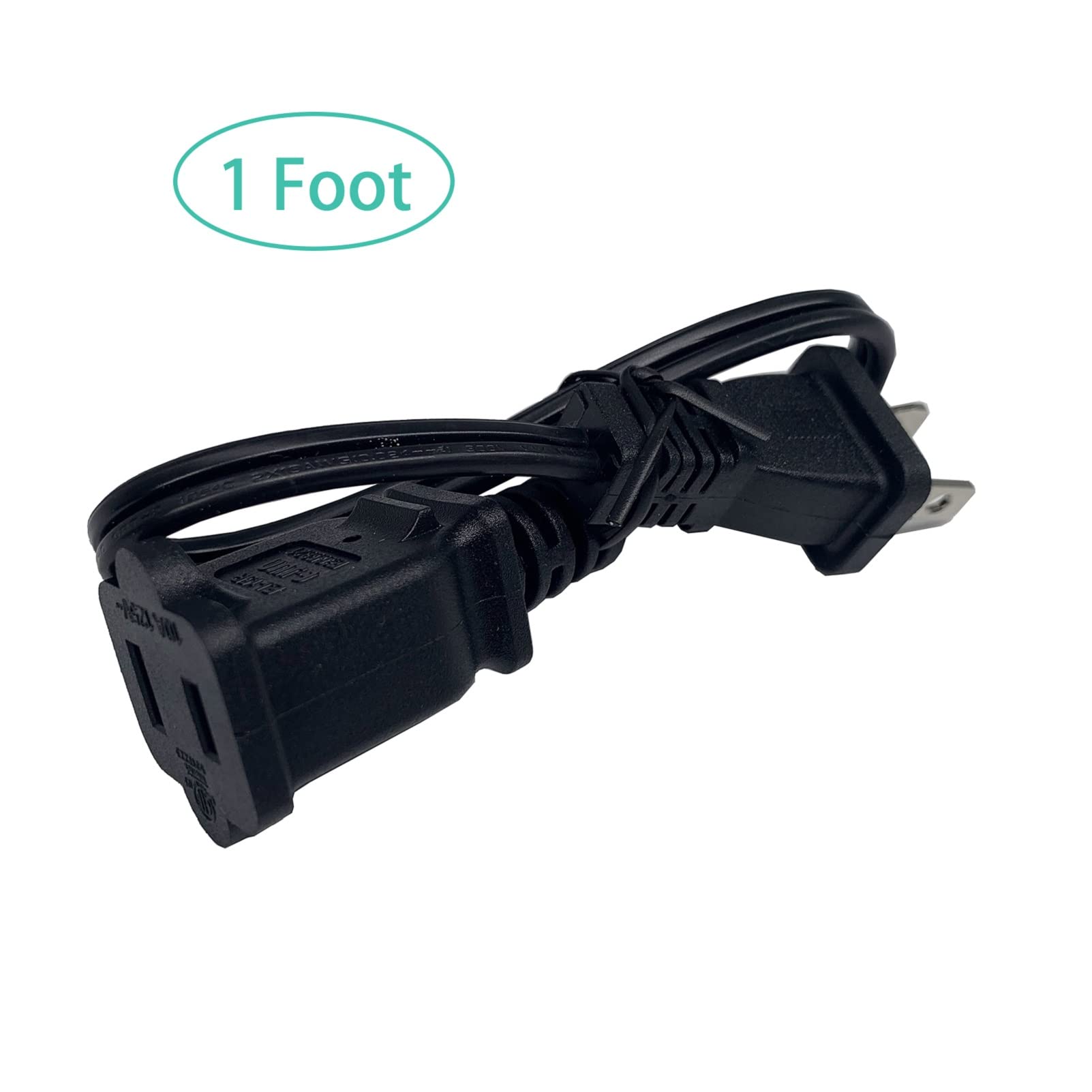 1 Foot Extension Cord, Short 2 Prong, 18 Awg Small Polarized Male Female Power Cable For Indoor, Nema 5 15P To Nema 5 15R, Black
