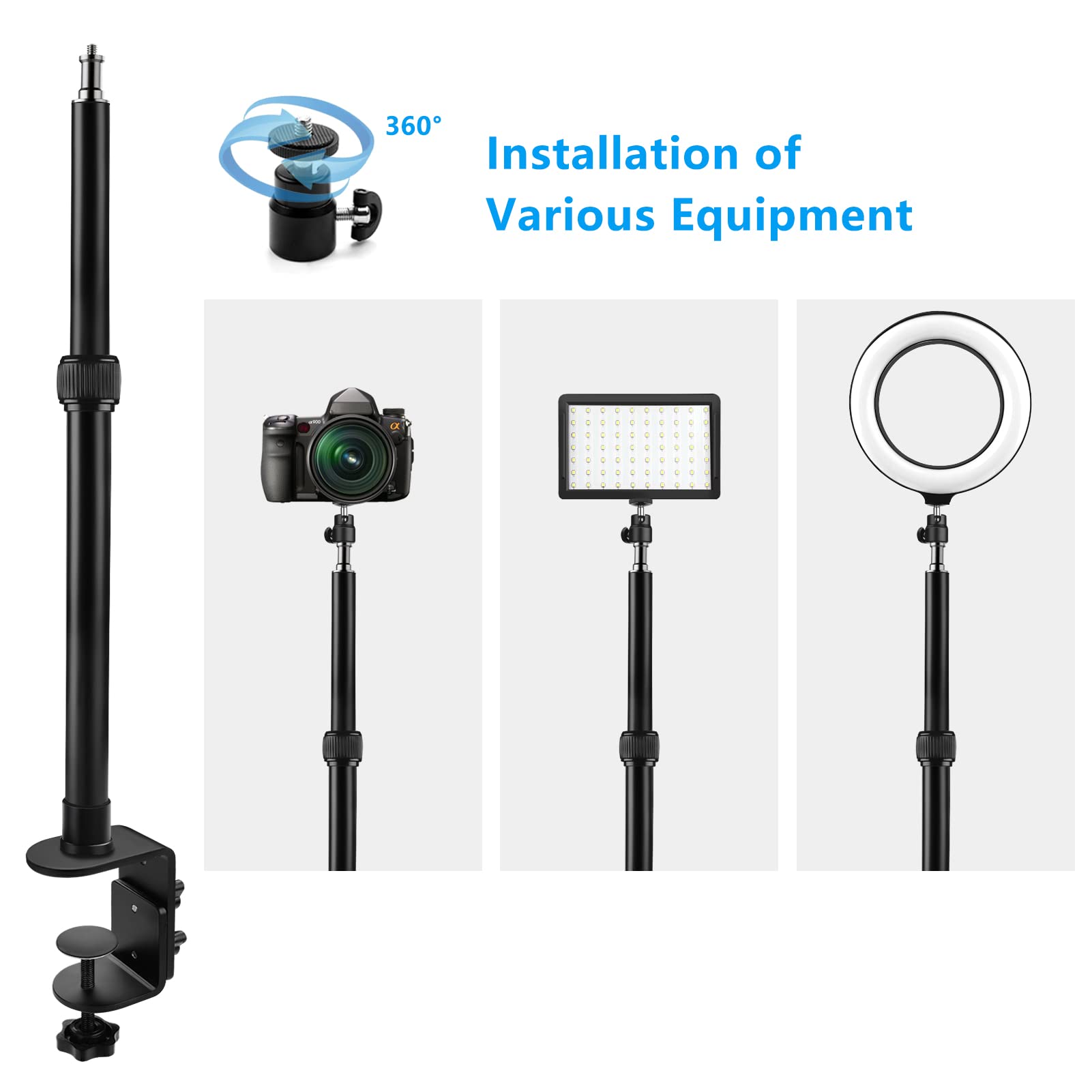 Tinpops Camera Desk Mount Stand, 12.4 20.8'' Adjustable Desktop C Clamp Mounting Stand, Aluminum Tabletop Light Stand With 1/4''