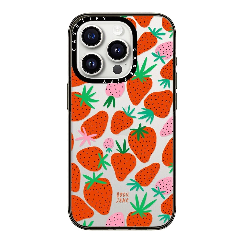 Casetify Compact Case For Iphone 15 Pro [2X Military Grade Drop Tested / 4Ft Drop Protection]   Strawberries   Clear Black