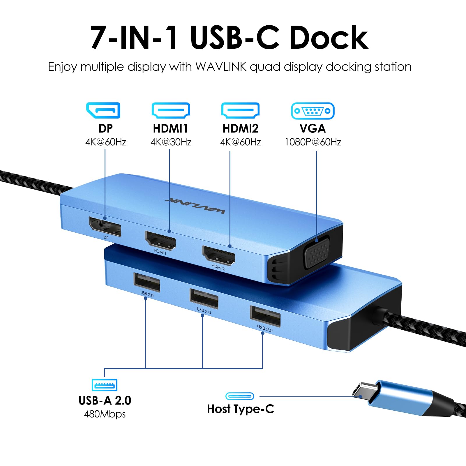 Wavlink Usb C Docking Station For Macbook Dell Xps 13/15, Lenovo Yoga, Hp Laptops, Usb C To Dual Hdmi Monitors For Windows, Usb C Hub Adapter With Dual Hdmi, Displayport, Vga, 3 Usb 2.0 Ports, Blue