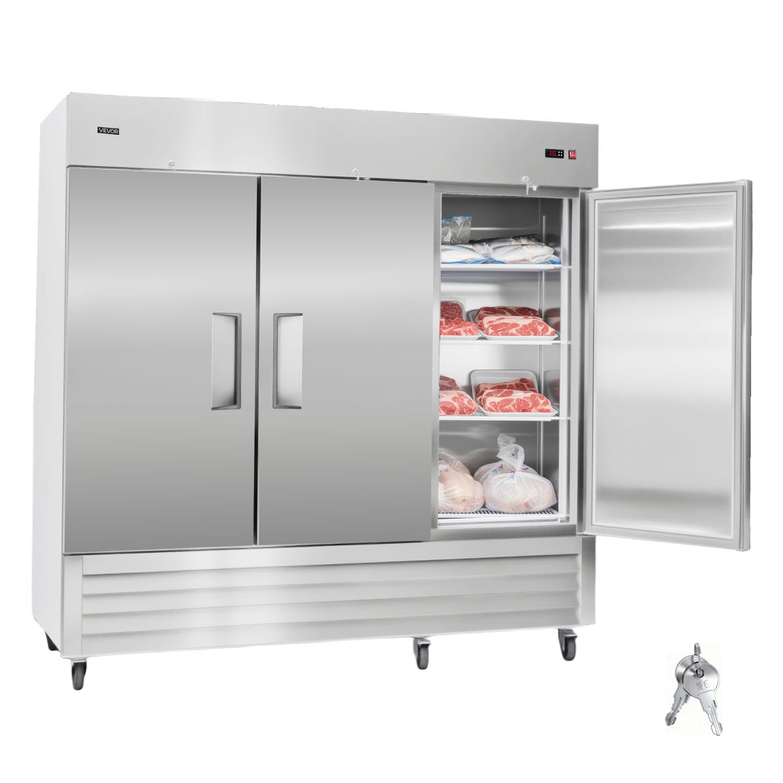 VEVOR Commercial Reach-In Freezer 85 W, 69 Cu.Ft Stainless Steel Upright Freezer with Three Doors, Auto-Defrost, 12 Adjustable S