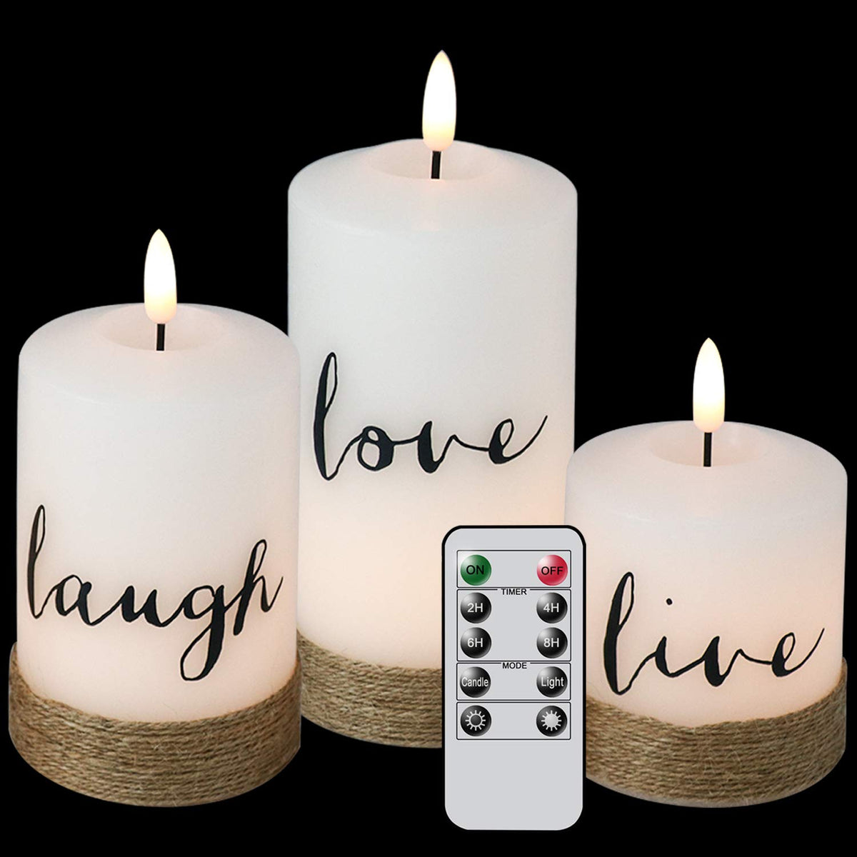 Dromance White Flameless Pillar Candles Battery Operated Remote And Timer, 3 Pack Dimmable Light Real Wax Hemp Rope Led Flickeri