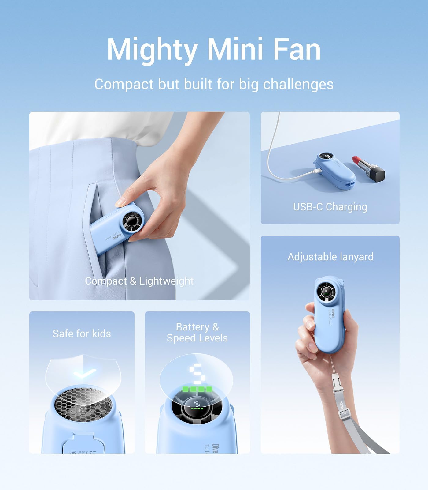 Diveblues Turbobear Portable Handheld Turbo Fan  Powerful Air Speed, Ultra Light 86.5G Hand Fan, 5 Gear Cooling, Rechargeable Ba