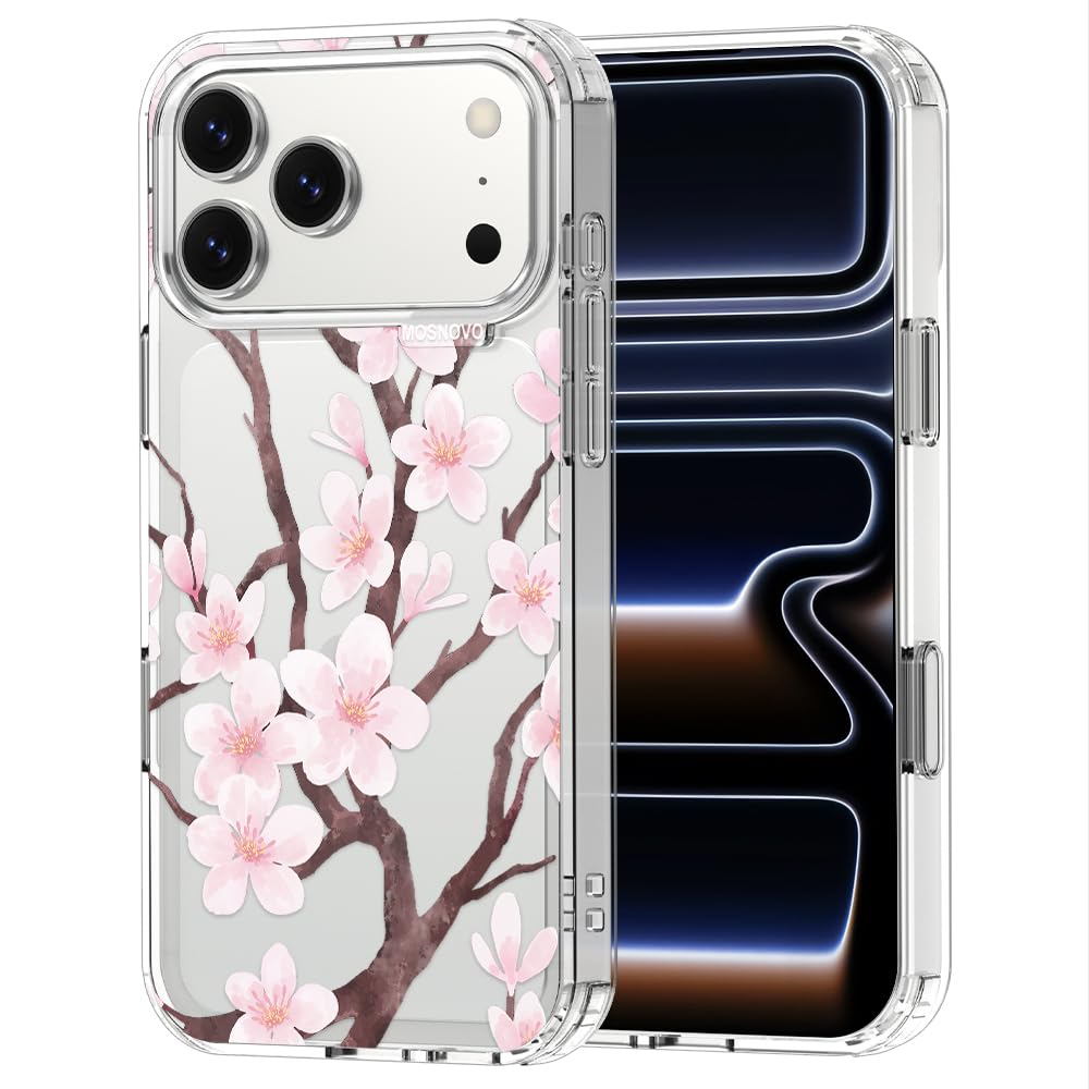 MOSNOVO for iPhone 17 Pro Max Case | Military Grade 6.6ft Drop Tested | Camera Control | Clear with Cherry Blossom Design