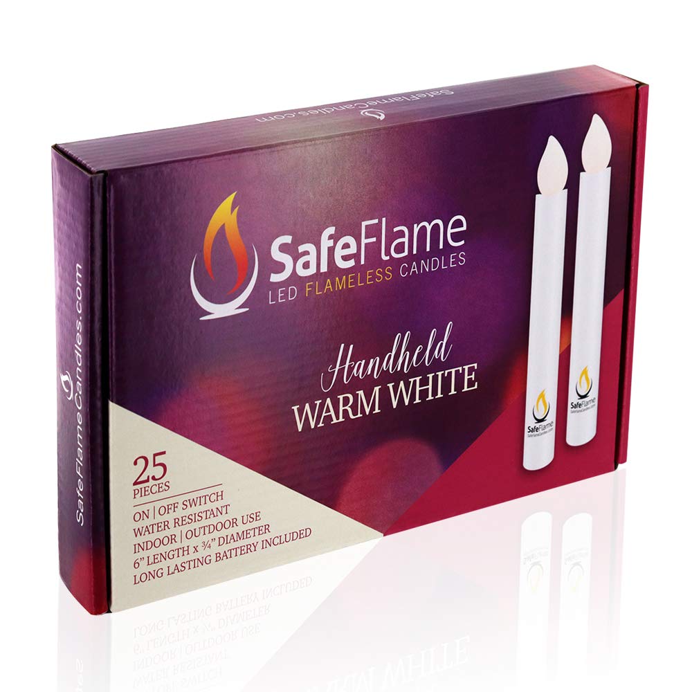 SafeFlame Hand Held LED Candles - Batteries Included - Easy On/Off Switch - Safe Flame for Candlelight Service (Box of 25) (Warm