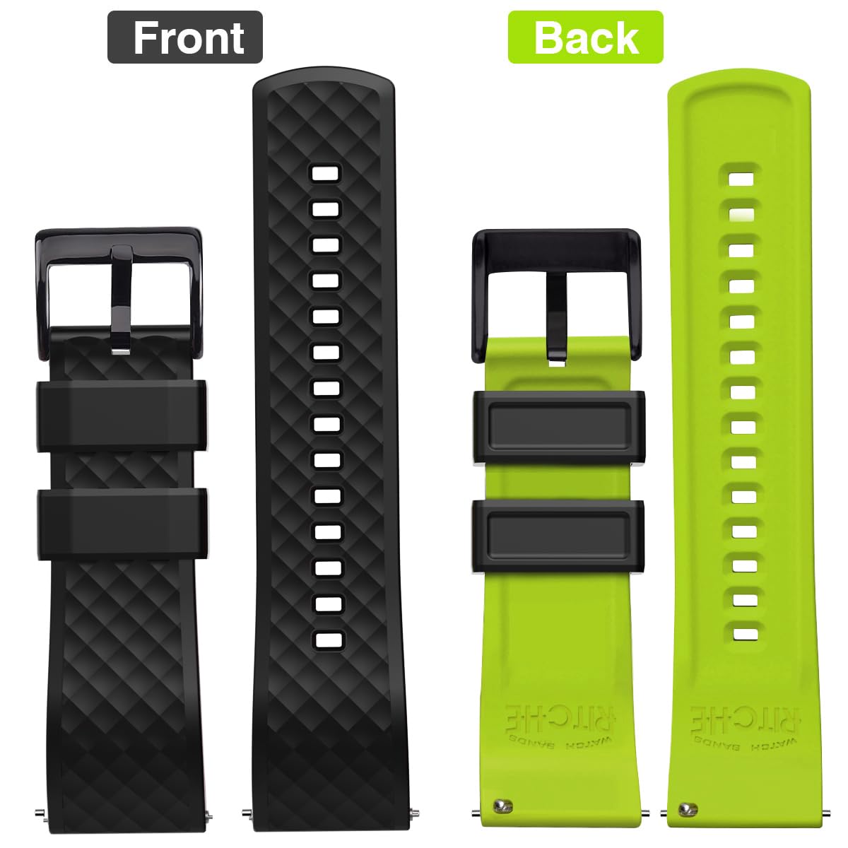 Ritche Christmas Gift 24Mm Silicone Watch Band Quick Release Rubber Watch Bands For Men Women   Black Top Fluorescent Green Bott