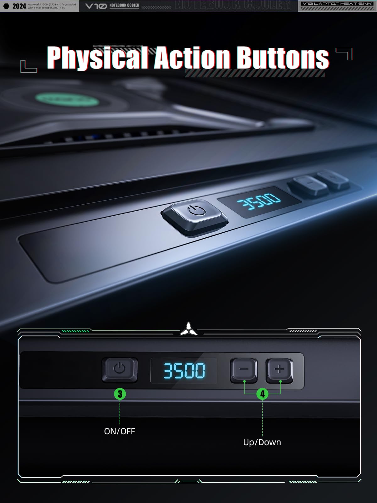 Llano V10 Laptop Cooling Pad With Powerful Turbofan, Gaming Laptop Cooler With Adjustable Variable Speed, Buttoncontrol,Lcd Scre