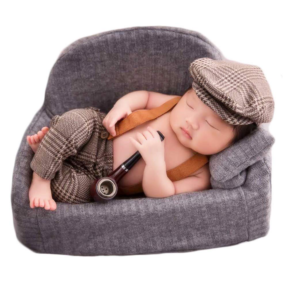 Zeroest Baby Photography Props Newborn Boy Photo Shoot Outfits Infant Gentleman Suit Lattice Outfit Hats (Coffee)
