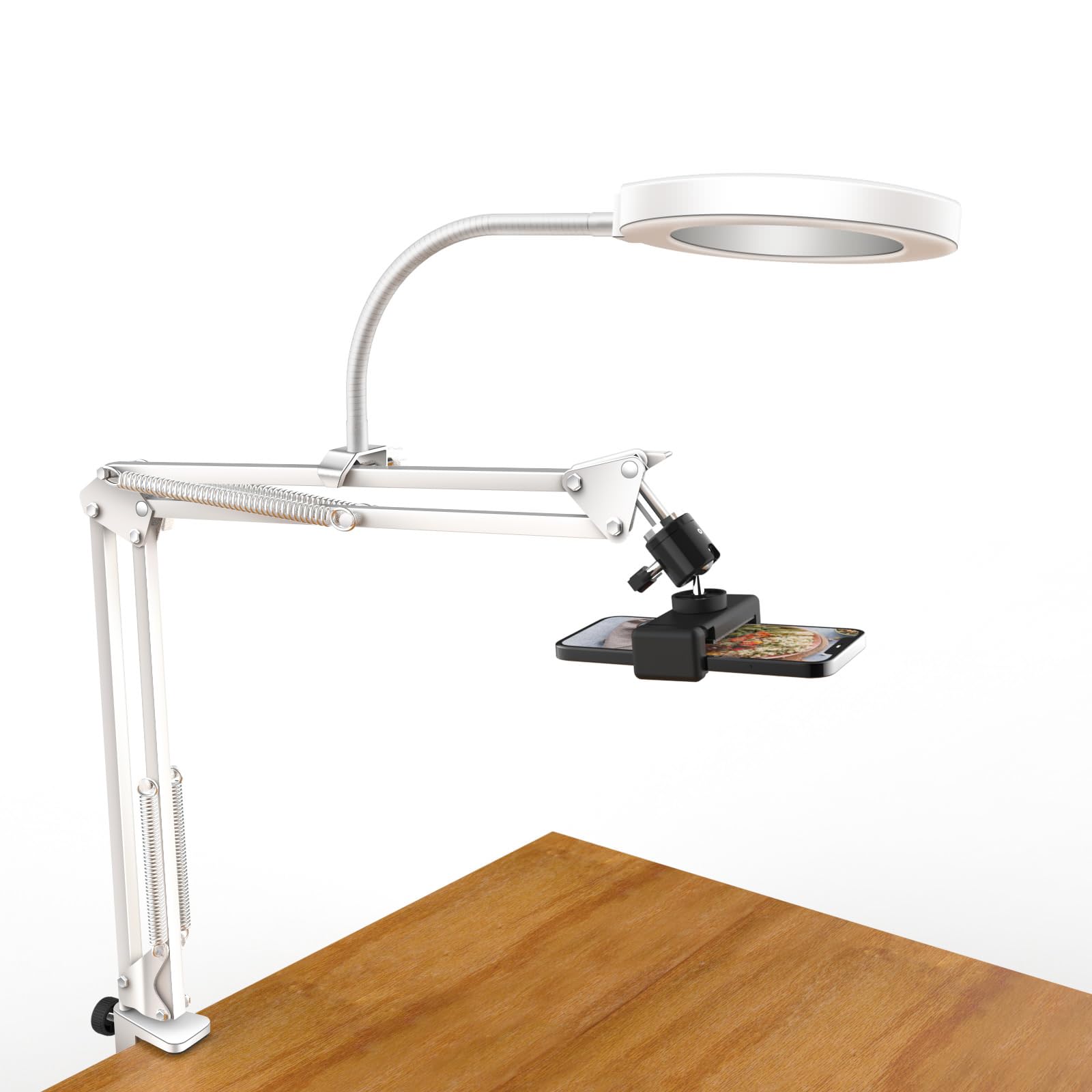 Pozliv White Overhead Camera Mount With Ring Light, Desk Flexible Articulating Phone Arm Stand Compatible With Iphone, Content C