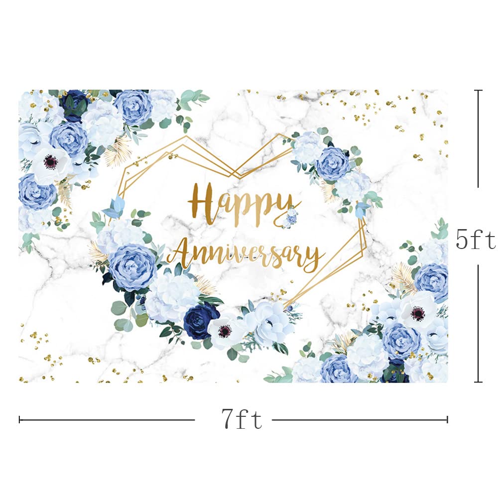 Mehofond 7X5Ft Happy Anniversary Backdrop Blue And White Floral Wedding Anniversary Photography Background Hearts Geometric Coup