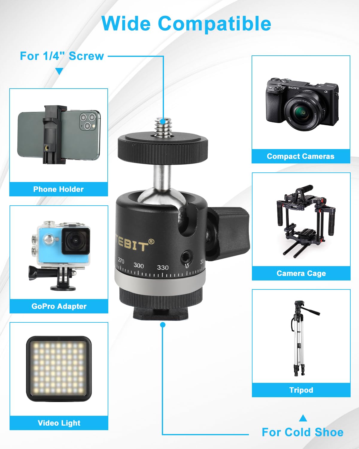 Utebit Mini Ball Head, 360� Panoramic Tripod Head With 1/4' Screw 3/8' Thread Mount, Metal Quick Release Plate Compatible With Arca Swiss For Video Cameras Dslr Cameras Loading 11.02Lb