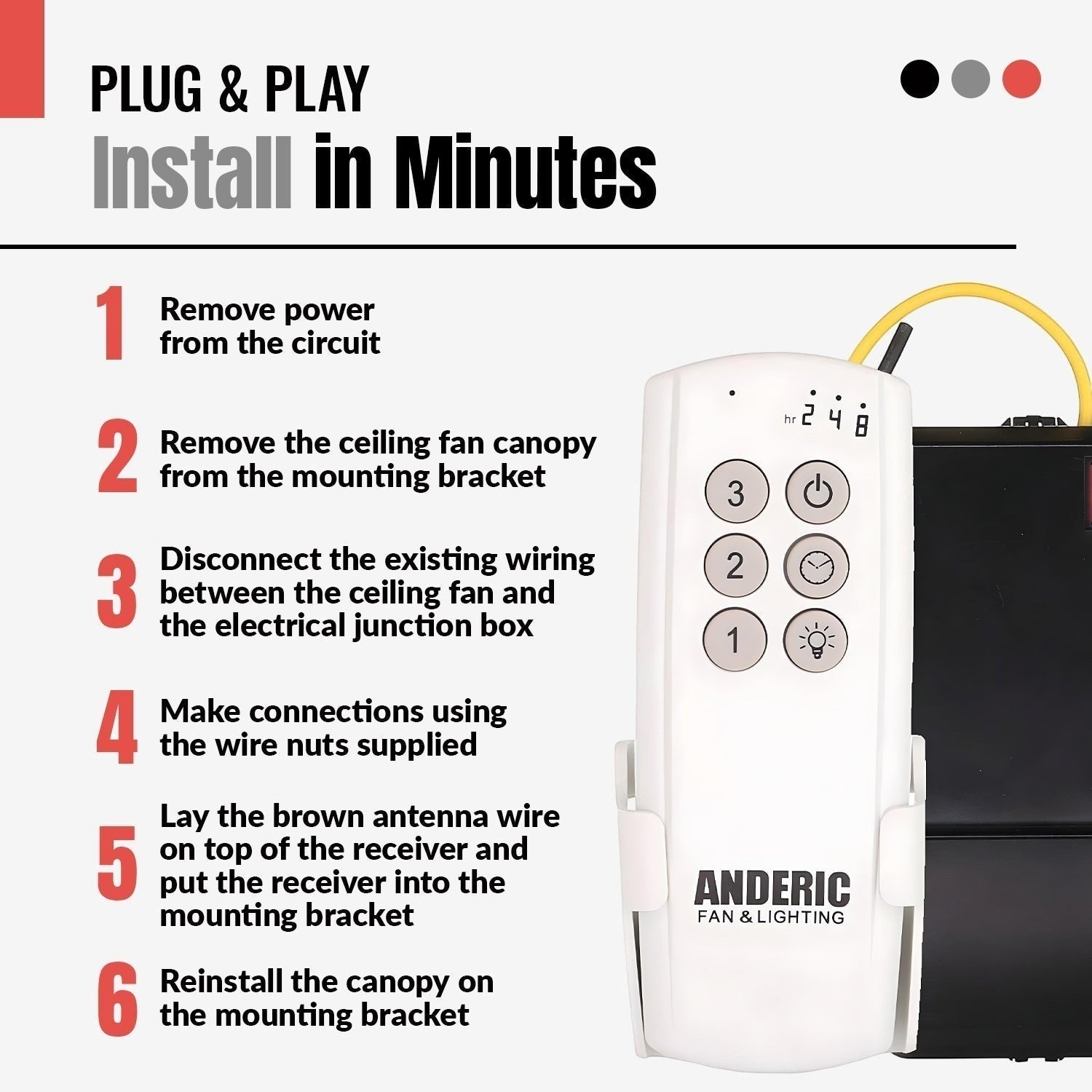 Anderic Substitute Kit for Hunter 99119 - IN2RX13 Ceiling Fan Receiver K021905000 [63T-AC83T-KIT]