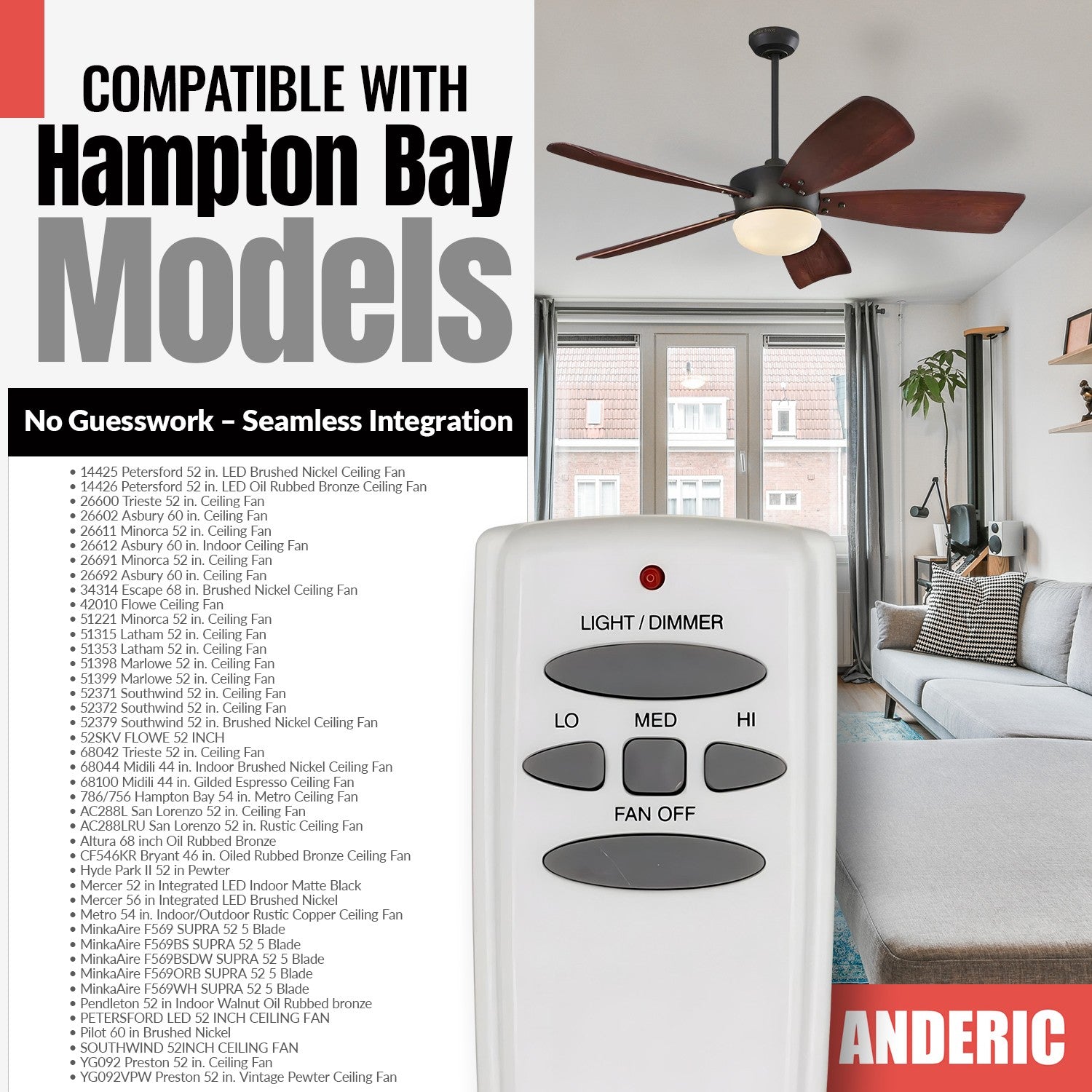 Anderic Substitute for Hampton Bay UC7078T FAN-HD CHQ7078T Ceiling Fan Remote Control - UC7078T [RR7079T]