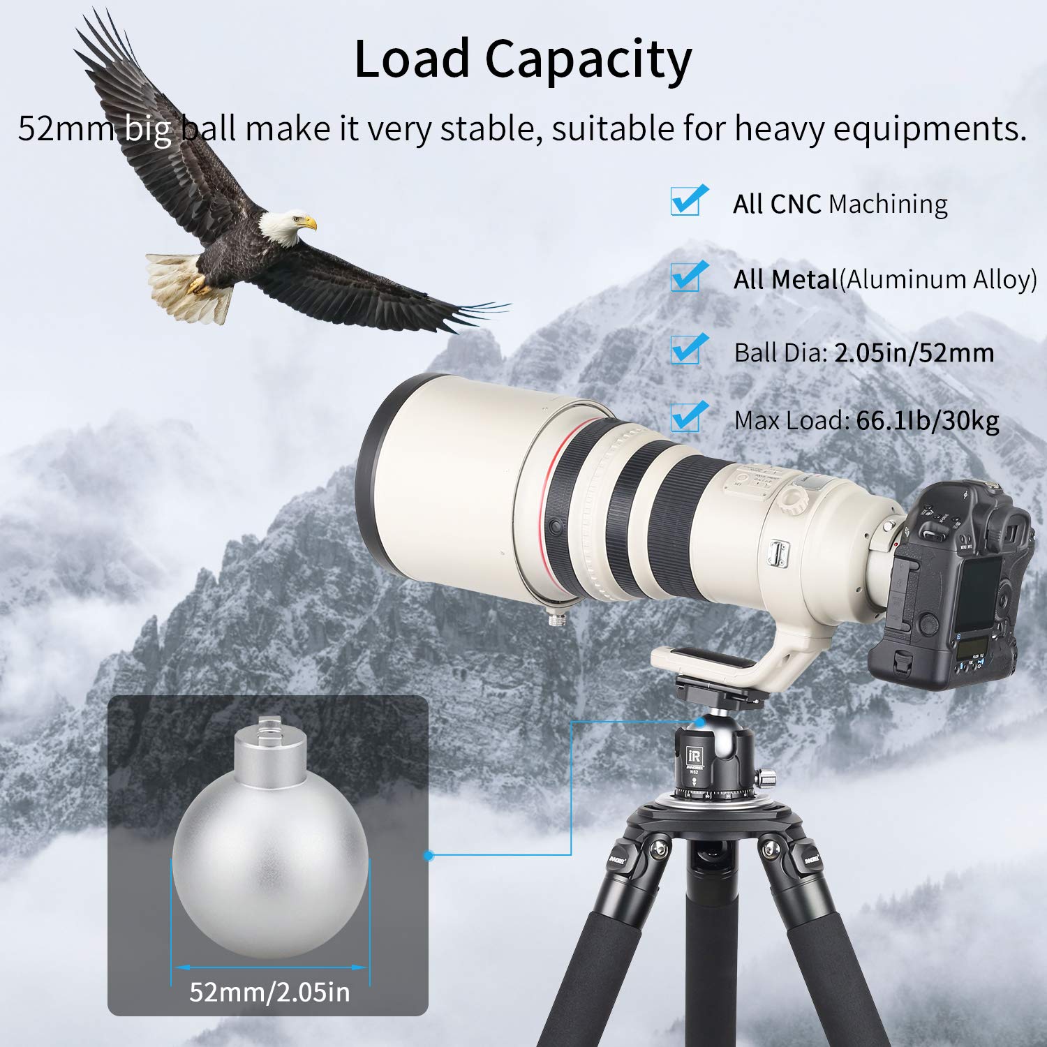 Low Profile Tripod Ball Head Innorel N52,Panoramic Cnc Metal Camera Tripod Ball Head With Two 1/4' Screw Arca Swiss Quick Release Plates For Tripod,Monopod,Dslr,Camcorder,Max Load 66Lbs/30Kg
