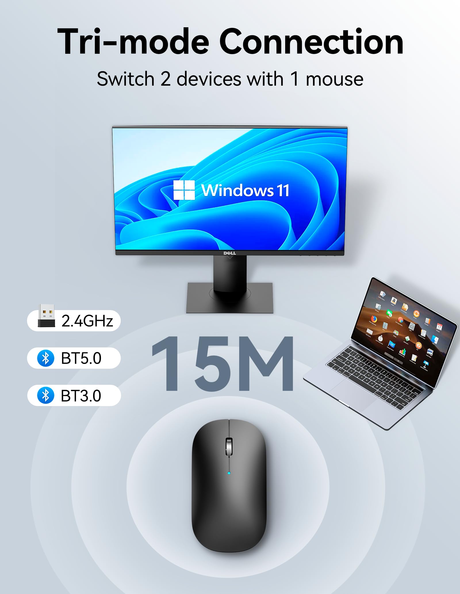 Tecknet Bluetooth Mouse, Rechargeable 2.4G Wireless Mouse For Laptop, Tri Mode Slim Silent Computer Mouse 4000 Dpi Portable For Macbook/Ipad/Android/Windows/Linux (Black)