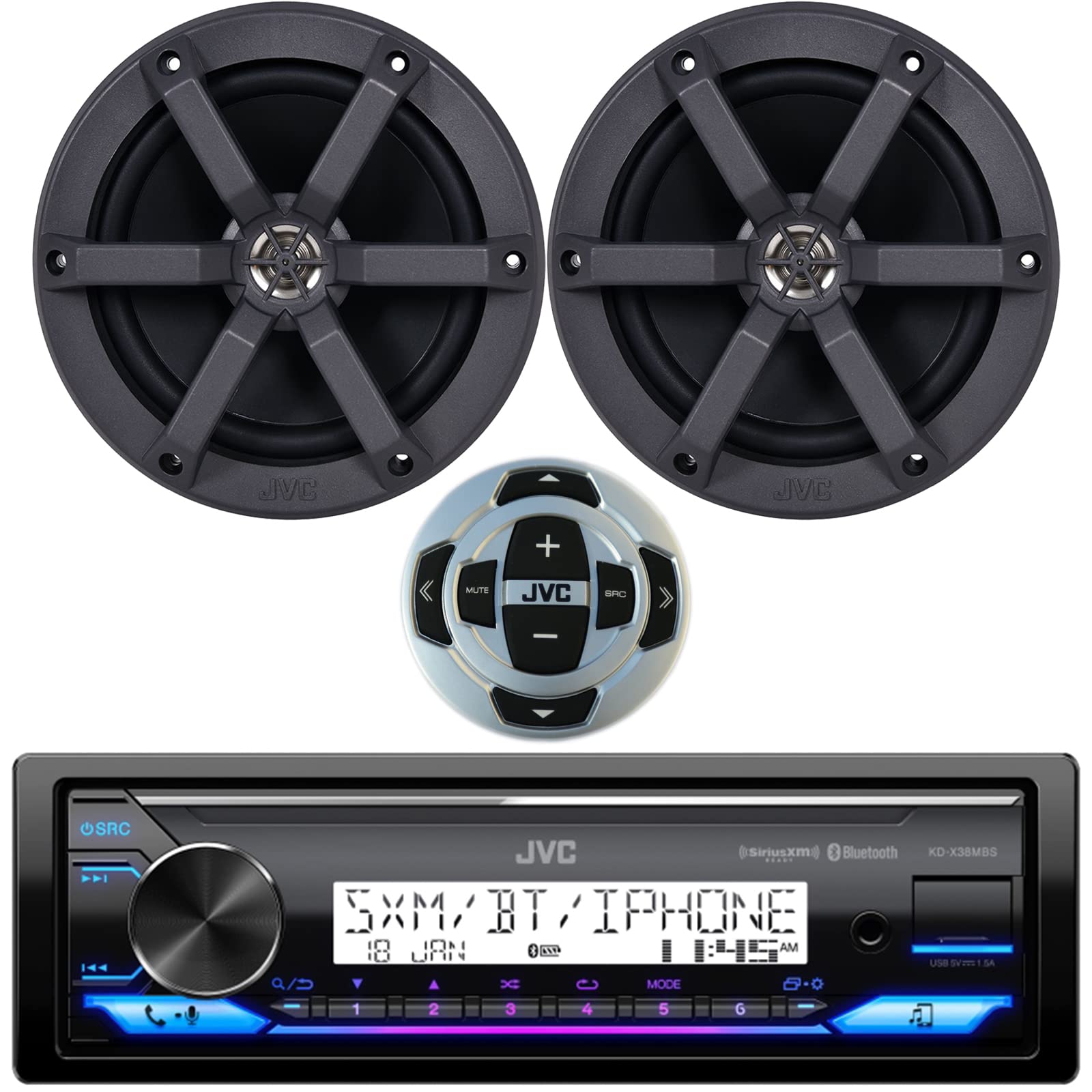 Jvc Kd-X38Mbs Single Din Marine Motorsports Bluetooth Usb Aux Am/Fm Radio Stereo Receiver Bundle Combo With 2X 6.5 2-Way 100 Wat