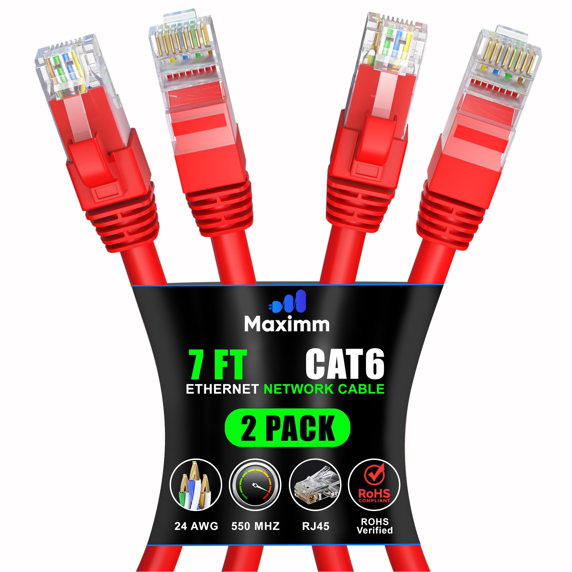 Maximm Cat 6 Ethernet Cable 7 Ft (2 Pack)   High Speed Lan Cable, Internet Cable, Patch Cable, And Network Cable   Utp, 10Gbps, 550Mhz Ethernet Cord   Red