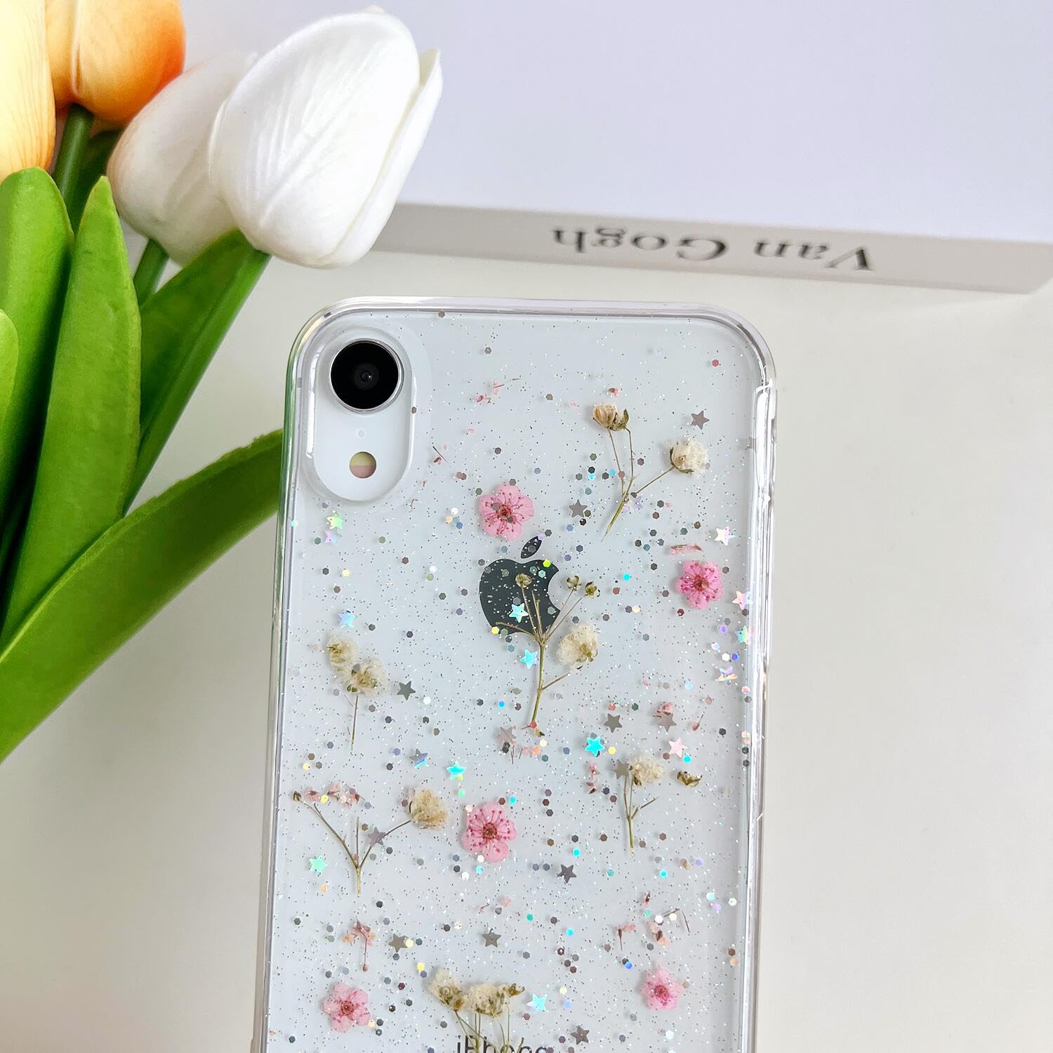 Lseeka For Iphone Xr Clear Case With Pressed Real Flowers Design,Glitter Cute Pink Floral Pattern Slim Soft Tpu Shockproof Prote