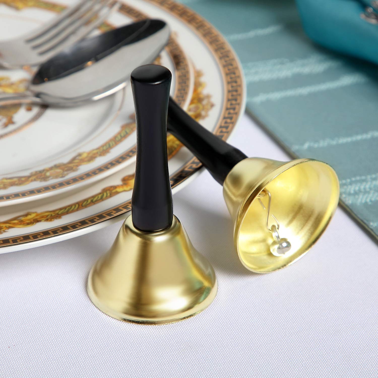 24 Pieces Hand Bells Silver Steel Service Handbells Black Wooden Handle Diatonic Metal Bells Musical Percussion (Gold)