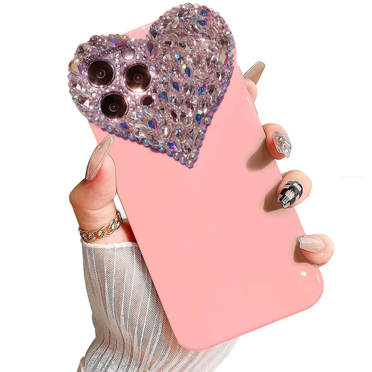 Enytdmo Cute Iphone 12 Pro Case 3D Glitter, Pretty Sparkle Rhinestone Diamond Aesthetic Heart Gems Bling Case Soft Bumper Case C