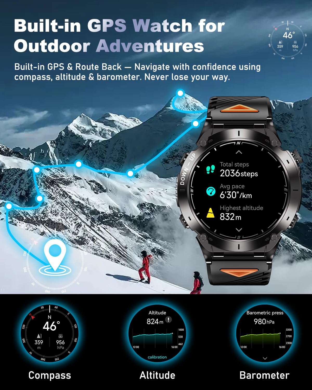 Podoeil Gps Military Smart Watch For Men With Bluetooth Call, 1.43 Amoled Waterproof Smart Watch With Flashlight, 170+ Sport Mod